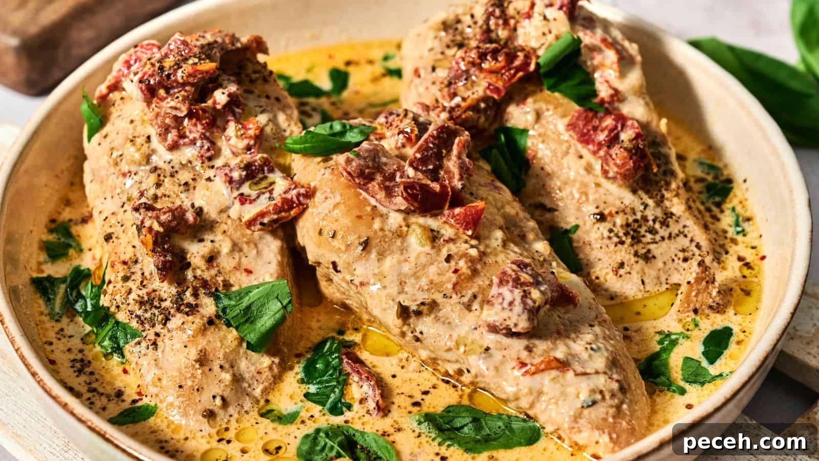 Three cooked chicken breasts in a creamy sauce, topped with herbs and sun-dried tomatoes, presented in a round dish.