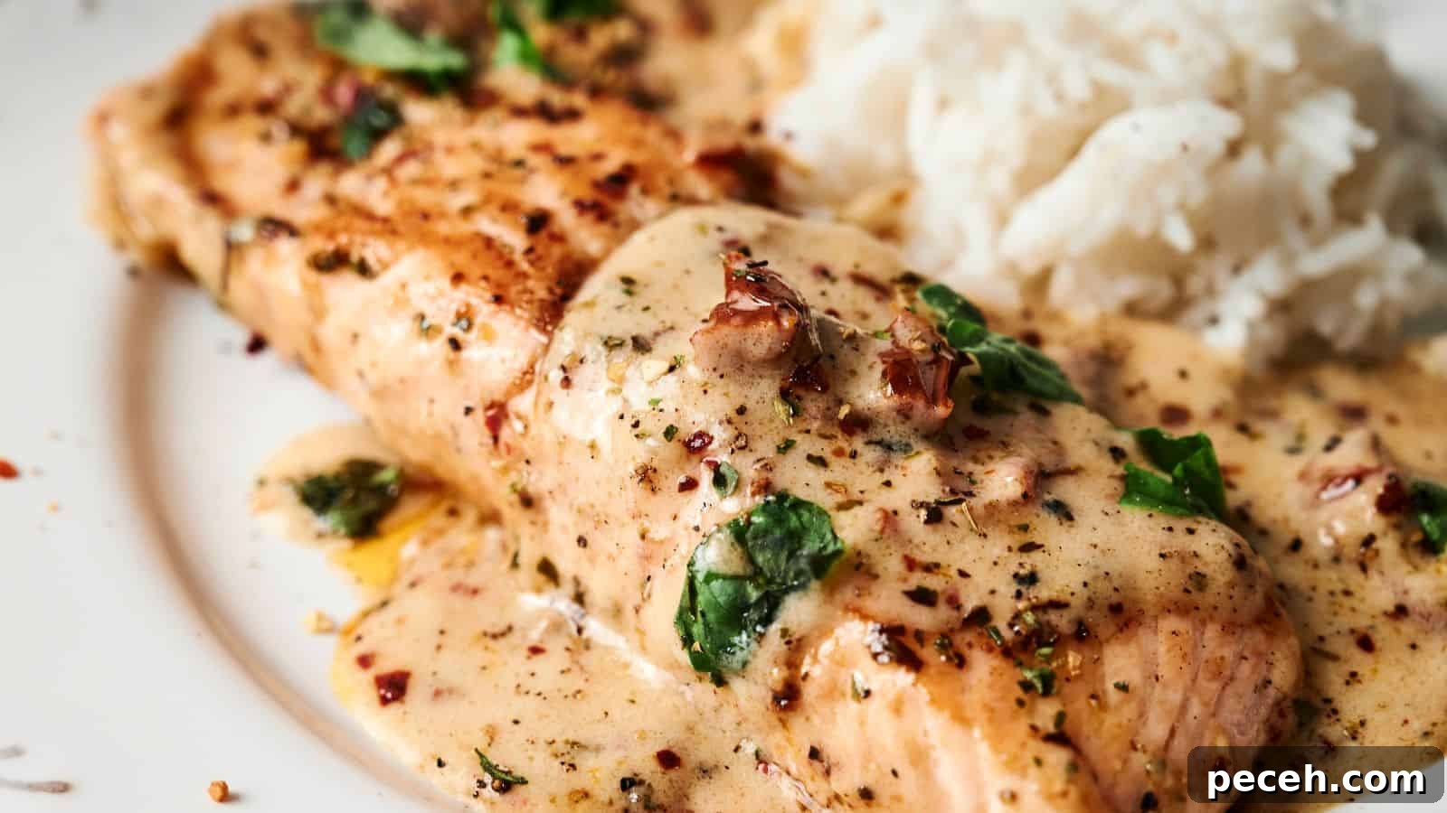 Grilled salmon fillet topped with a creamy herb sauce, served next to a portion of white rice.