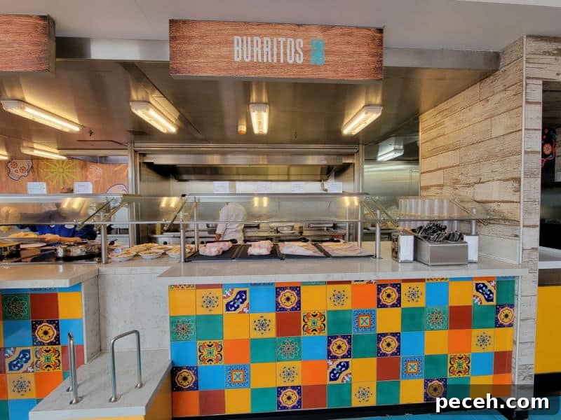 3-Night Royal Caribbean Navigator of the Seas Cruise to Ensenada 6 Burritos sign over a food area with colorful tiles