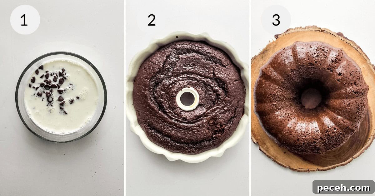 Moist Chocolate Chip Bundt Cake Recipe You’ll Love 7 Three stages of making a chocolate chip bundt cake: 1) liquid batter ingredients in a bowl, 2) batter poured into a bundt pan before baking, 3) finished baked chocolate
