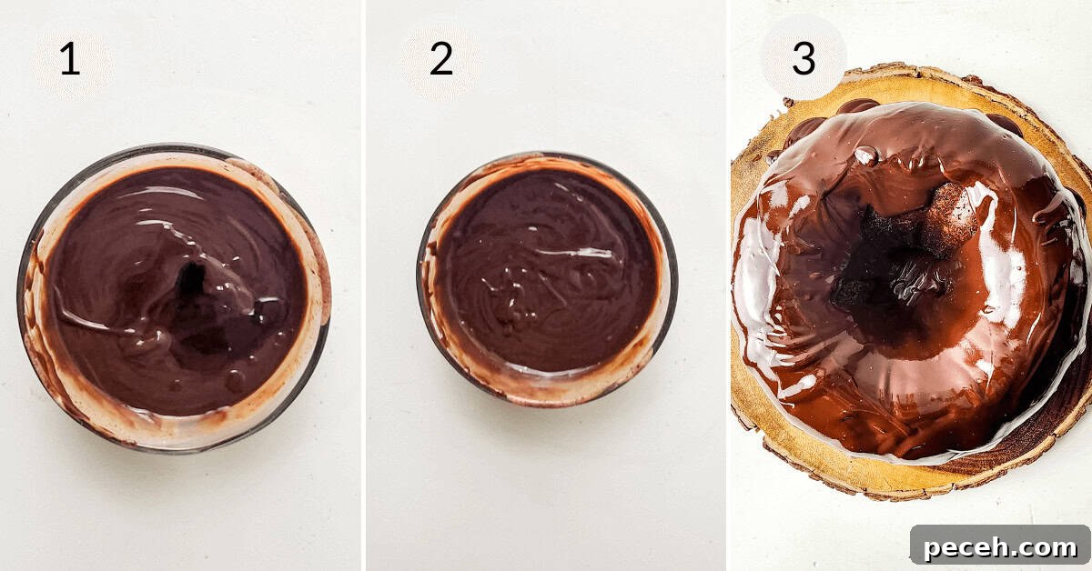 Moist Chocolate Chip Bundt Cake Recipe You’ll Love 8 Three stages of chocolate chip Bundt cake ganache preparation displayed in sequence from unsmoothed to fully spread.
