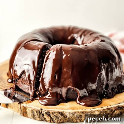 Moist Chocolate Chip Bundt Cake Recipe You’ll Love 10 Chocolate chip bundt cake with glossy ganache on a wooden serving board.
