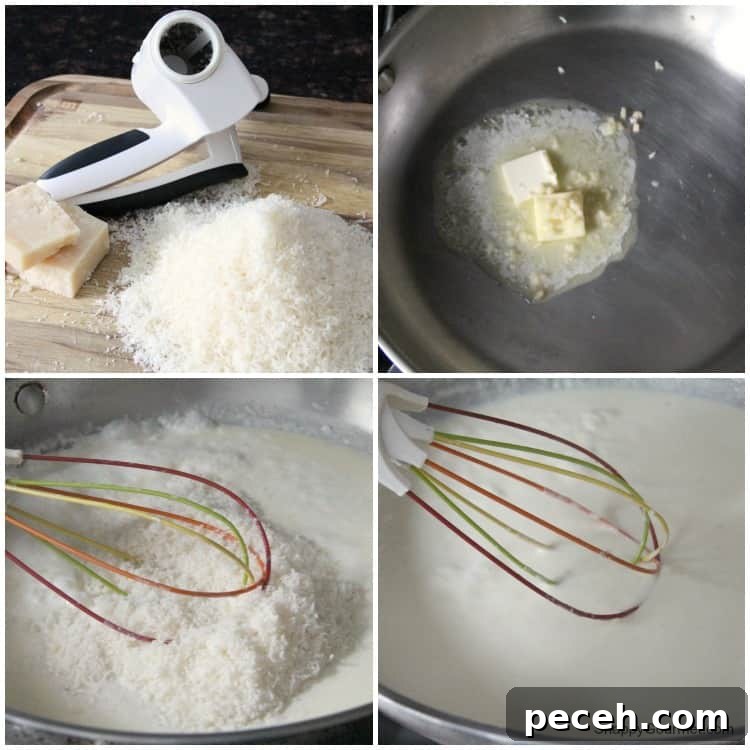easy homemade alfredo sauce recipe with fresh parmesan cheese Homemade Alfredo Sauce in pan with parmesan cheese