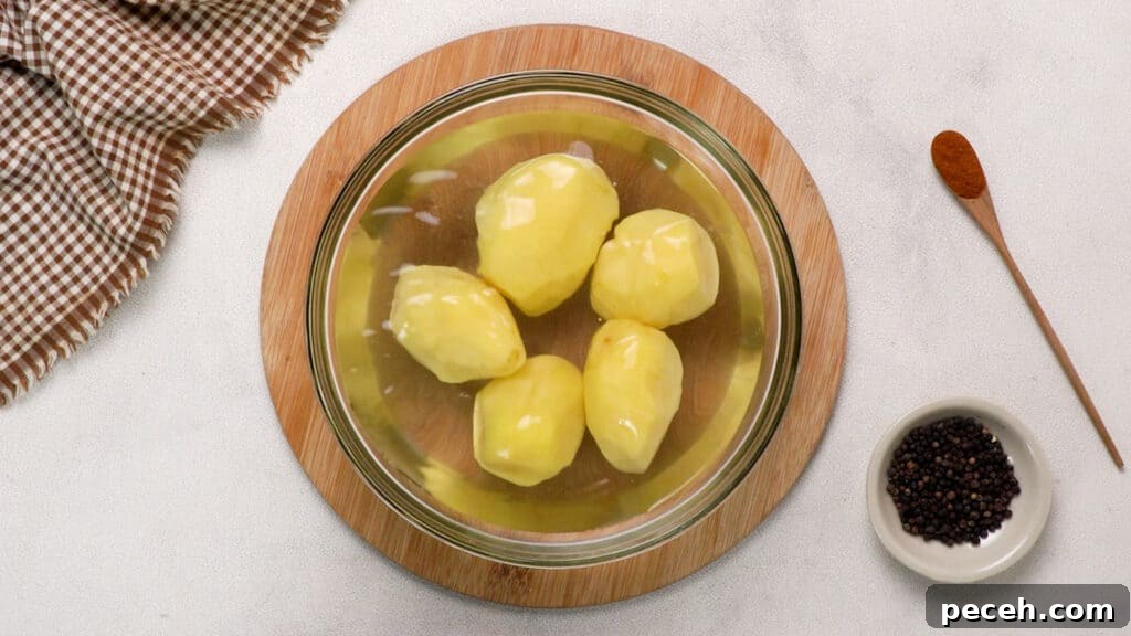 Peeled potatoes in the bowl of water