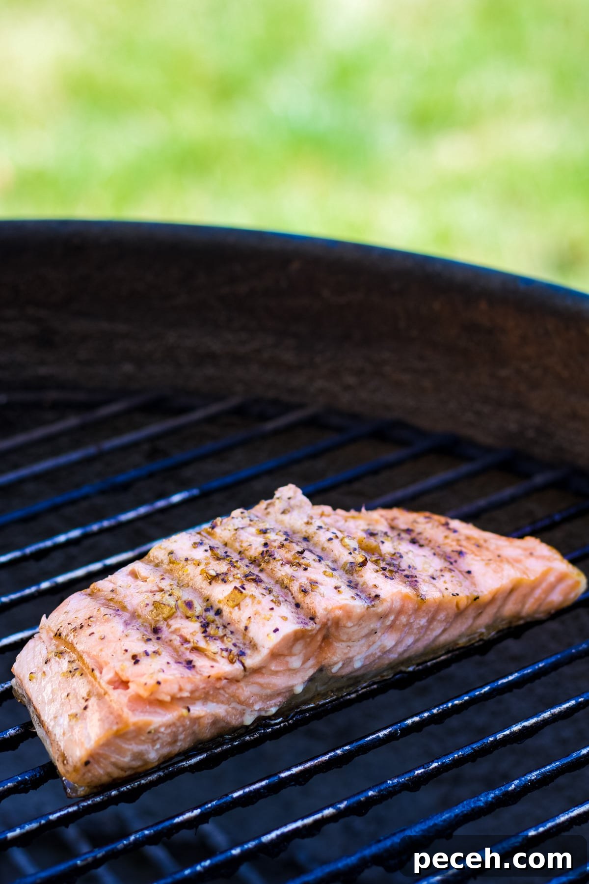 Perfectly Grilled Salmon with Crispy Skin and Lemon Herb Rub 5 A salmon filet on the grill with seasonings and nice charred grill marks.