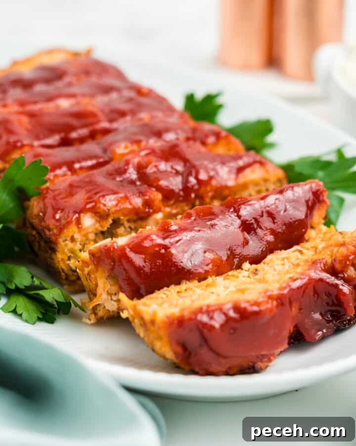 Chicken meatloaf sliced on a white platter.