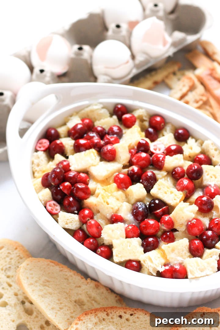 Cranberry Bread Pudding (Gluten-Free, Dairy-Free) Fresh cranberries and bread cubes in a casserole dish.