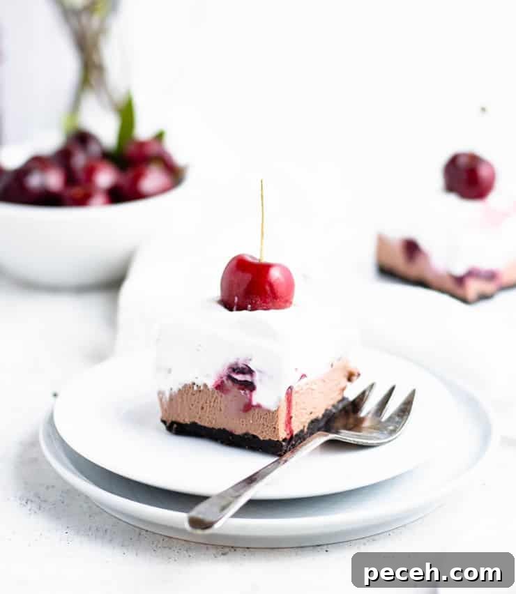 slice of black forest cheesecake on a white and blue plate placed at an angle so you can see layers of whipped cream, chocolate cheesecake and cherry compote.