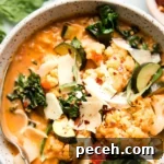 Tomato soup in a white bowl topped with greens and parmesan cheese.