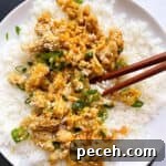 Orange chicken over white rice with scallions.