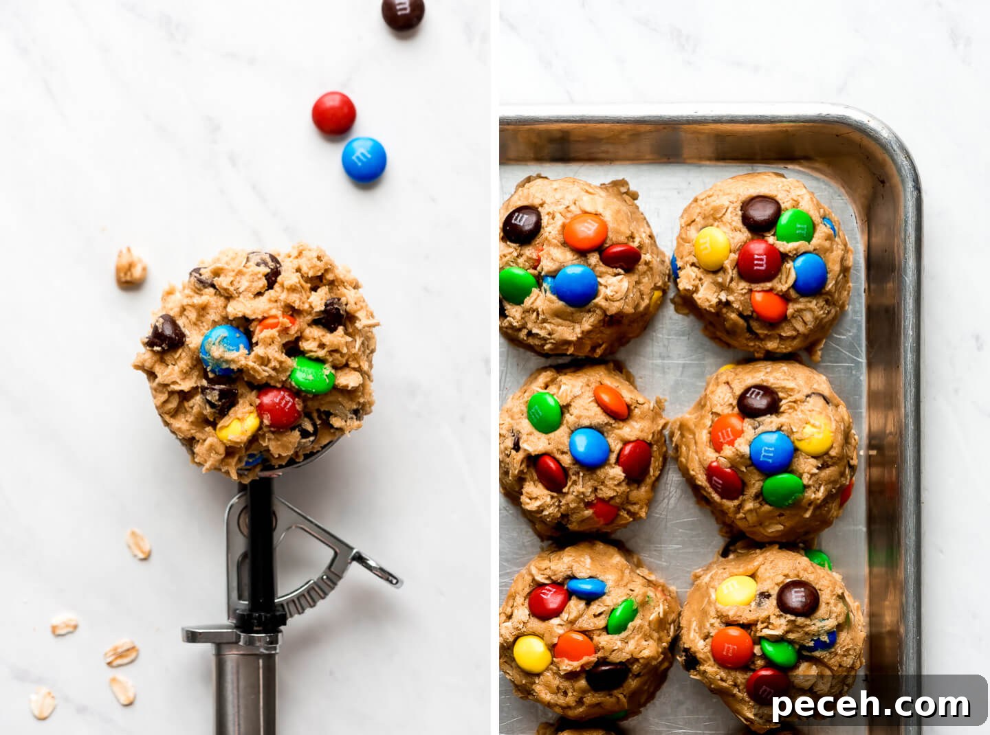 Soft Chewy Monster Cookies Recipe – Loaded Chocolate Chip Cookies 7 Peanut butter cookie dough with chocolate chips and M&M's in a trigger scoop and in balls on a baking sheet.