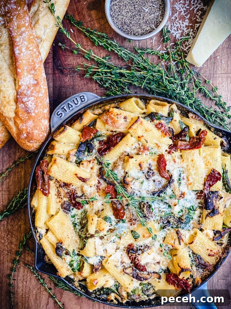 Creamy Chicken and Mushroom Rigatoni Recipe for Weeknights 2 creamy chicken pasta bake in a grey skillet with bread and cheese