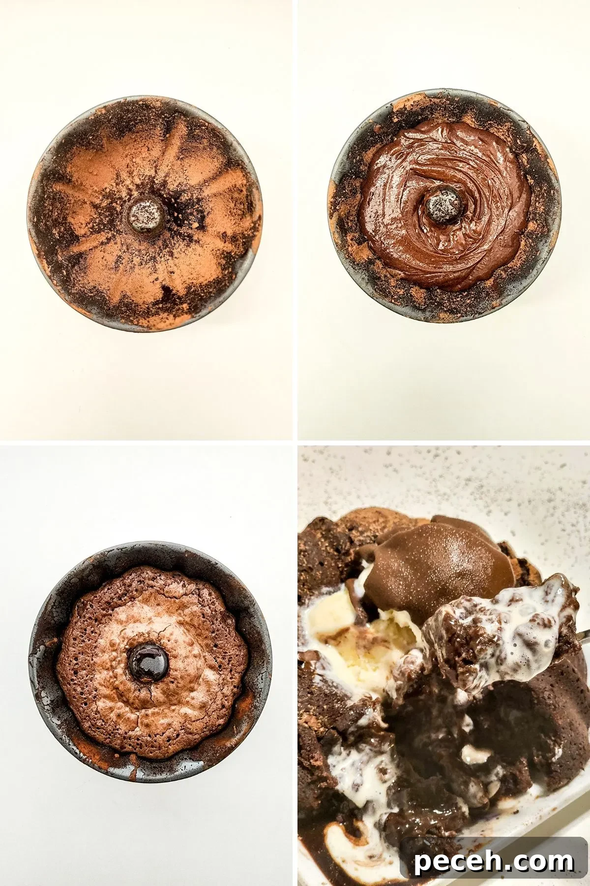 Collage of images showing the last few steps in the process of making a lava cake.
