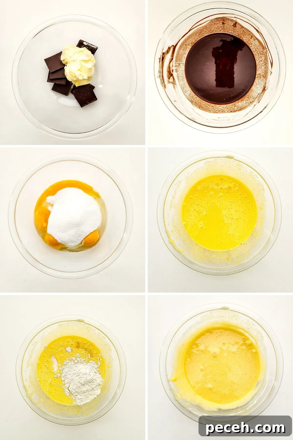 Collage of images showing the first couple steps of how to make a chocolate molten lavacake.