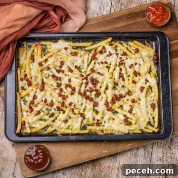 Cheesy fries with melted grated cheese and bacon