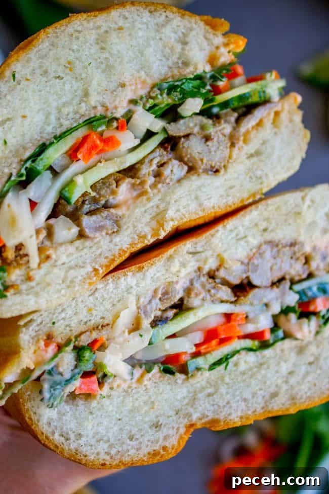 banh mi sandwich cut in half.