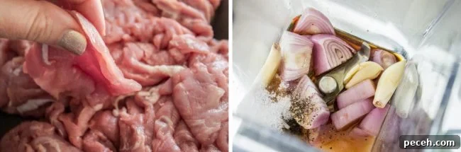 thinly sliced pork, vegetables and oil for making a marinade.