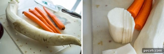 daikon radish and carrots on a cutting board, then thinly sliced.
