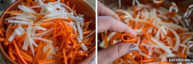 carrots and daikon radish thinly cut for pickling.