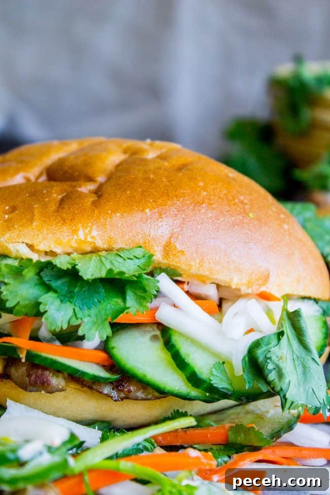banh mi sandwich with lots of fresh veggies.