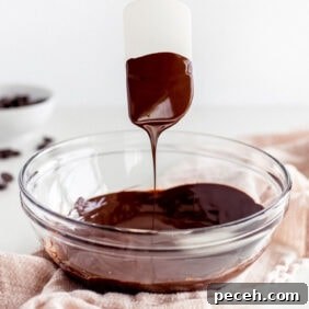 How to Melt Chocolate: Microwave and Stovetop Methods 11 silicone spatula with melted chocolate dripping into bowl of melted chocolate.