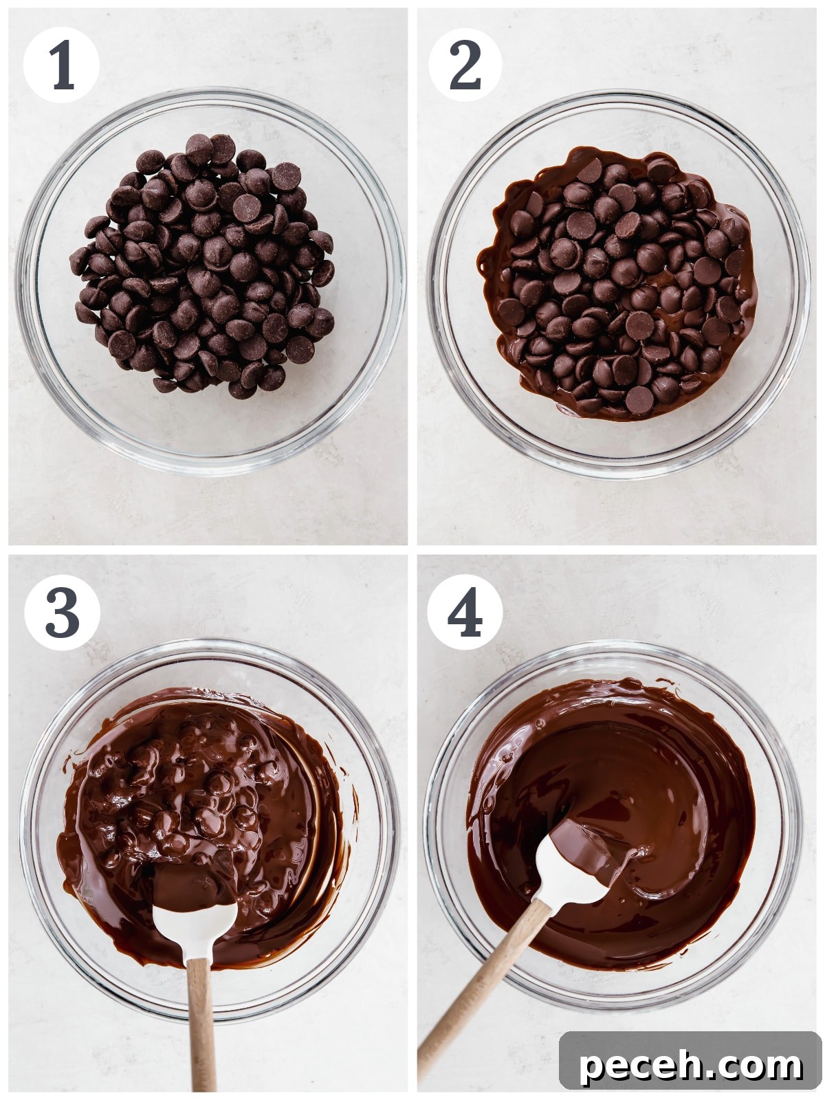 How to Melt Chocolate: Microwave and Stovetop Methods 3 photo collage showing steps of how to melt chocolate in the microwave.