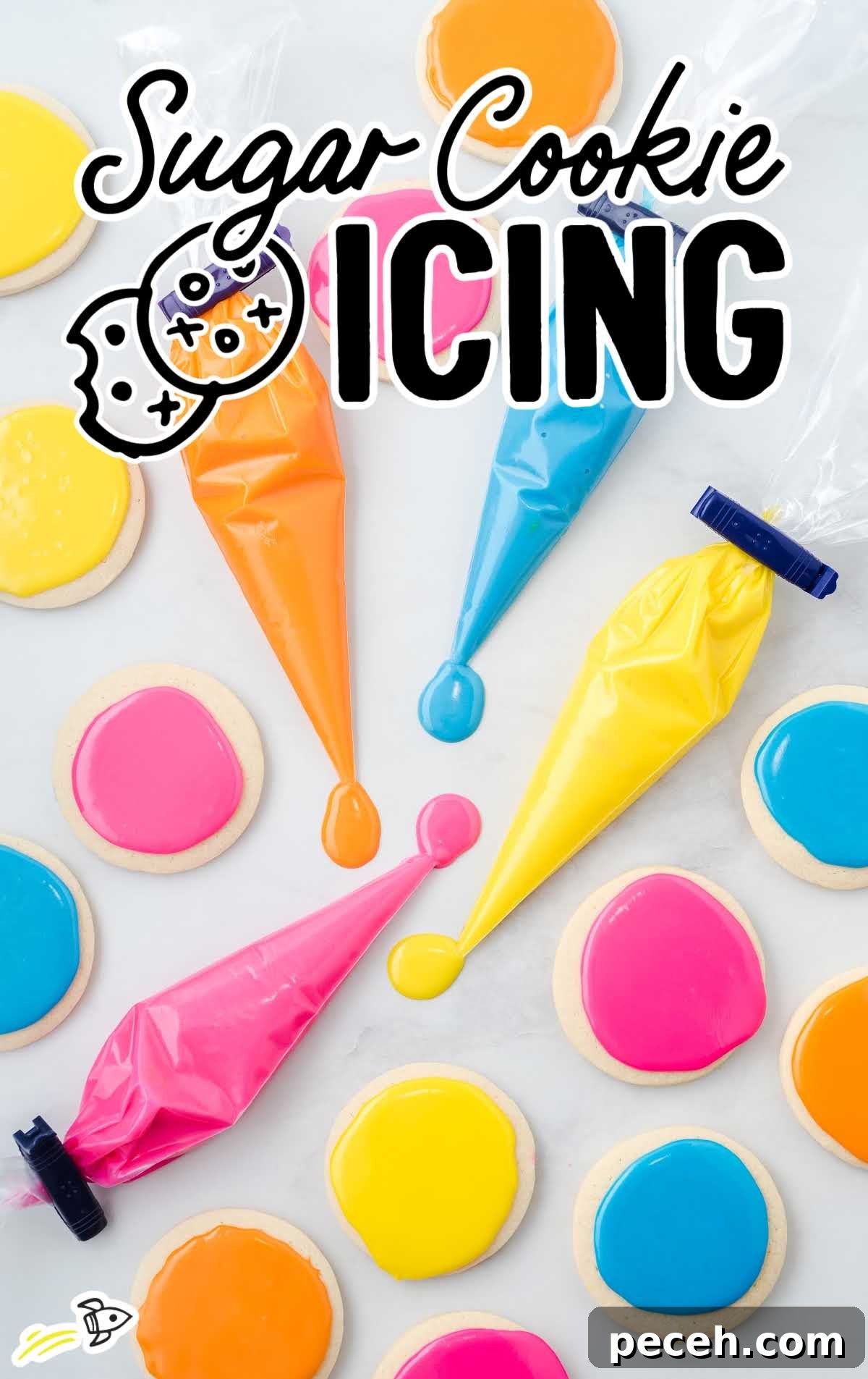 Simple Sugar Cookie Icing Recipe for Perfect Decorating 2 yellow, pink, blue, and orange icing in piping bags and also on top of sugar cookies