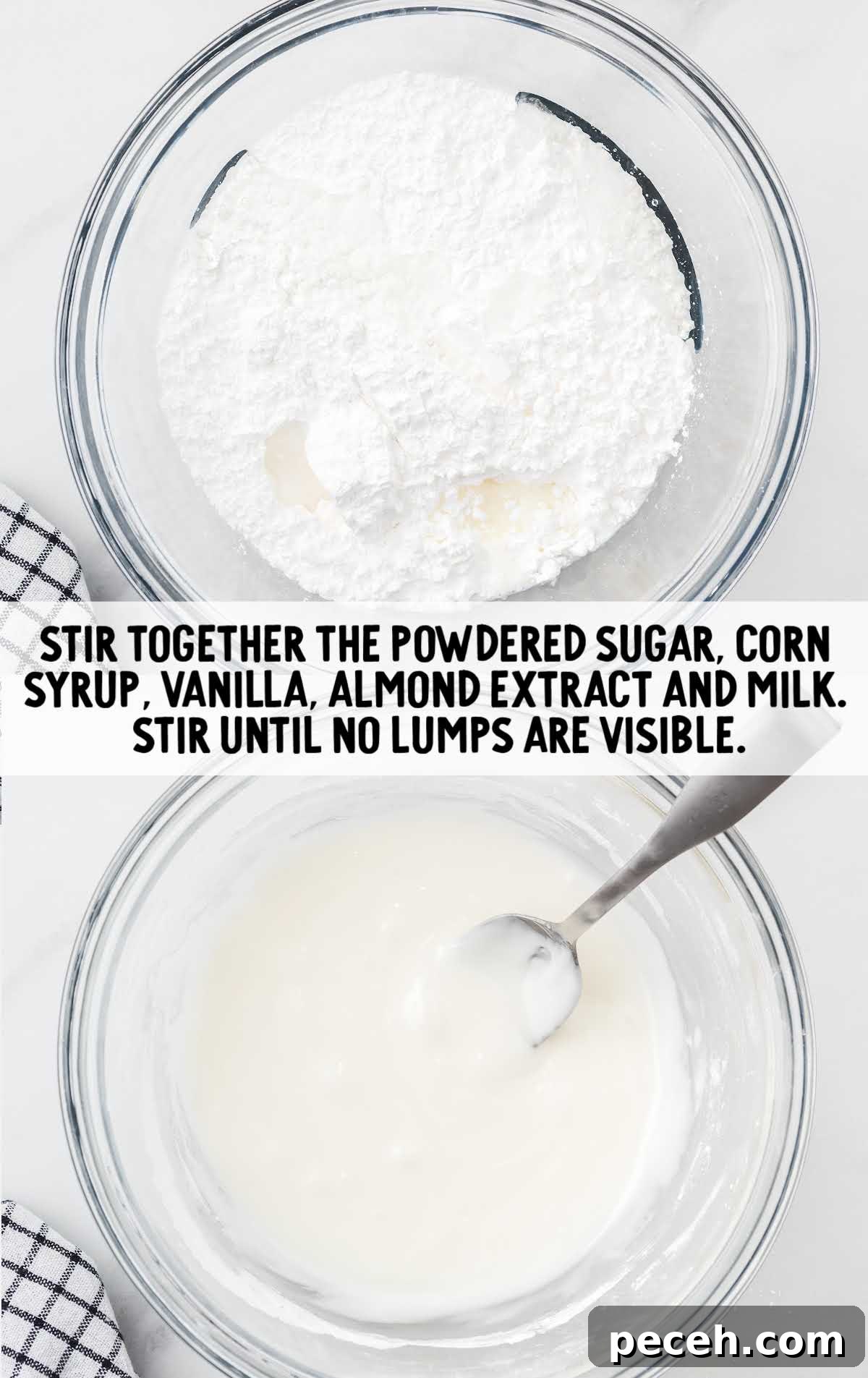 Simple Sugar Cookie Icing Recipe for Perfect Decorating 4 powdered sugar, corn syrup, vanilla, almond extract, and milk combined in a bowl