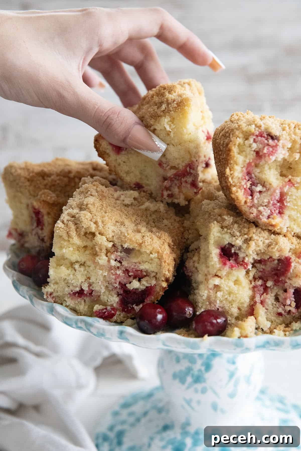 cranberry orange coffee cake on a cake stand