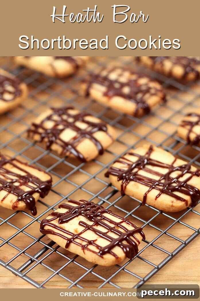 Heath Bar Shortbread Cookies Recipe: Crunchy Toffee Shortbread 2 Heath Bar Shortbread Cookies on Tray Drizzled with Chocolate