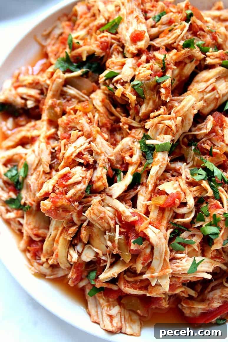 Slow Cooker Mexican Chicken Recipe - super easy and flavorful shredded chicken cooked in slow cooker! Use it in tacos, burritos, enchiladas, nachos and dips!