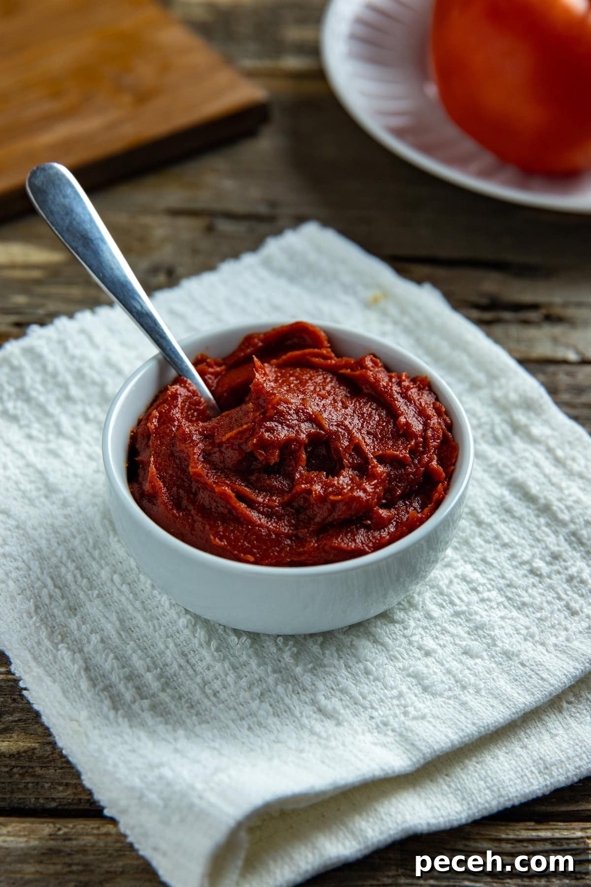 14 Tomato Paste Substitutes and Exact Ratios for Cooking 2 A small white bowl containing tomato paste.