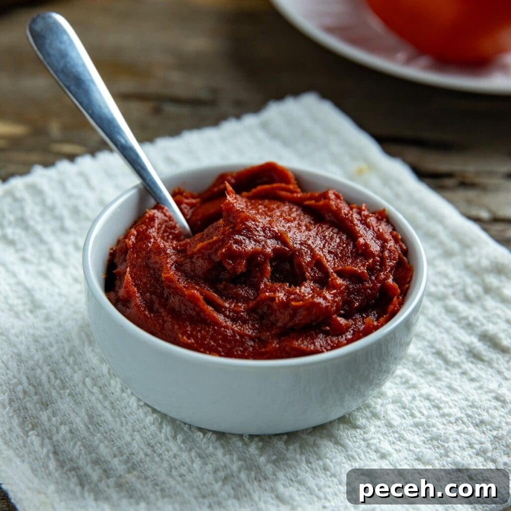 14 Tomato Paste Substitutes and Exact Ratios for Cooking 9 A small white bowl containing tomato paste.