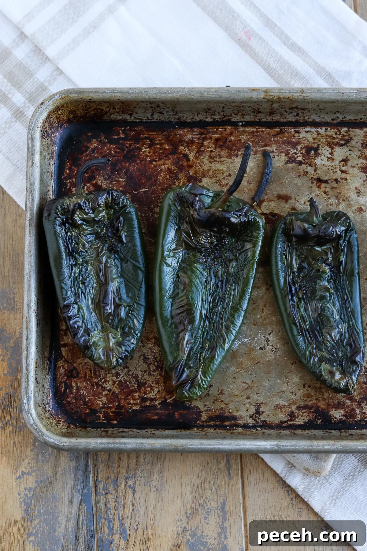 charred poblano peppers with blistered skin