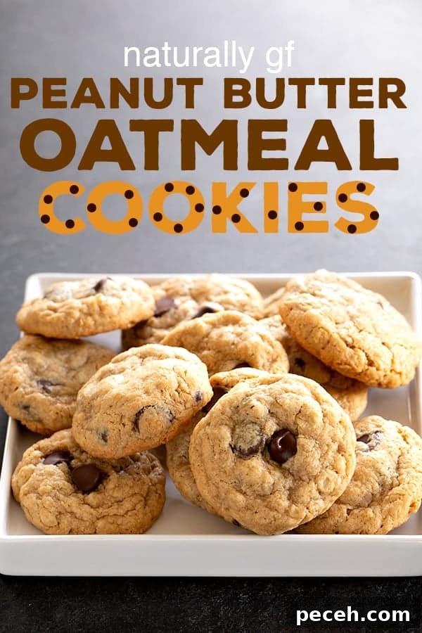 These naturally gluten free peanut butter oatmeal chocolate chip cookies are made with oats, oat flour and some cornstarch for the perfect chewy cookie. #glutenfree #gf #oatmealcookies #peanutbutter
