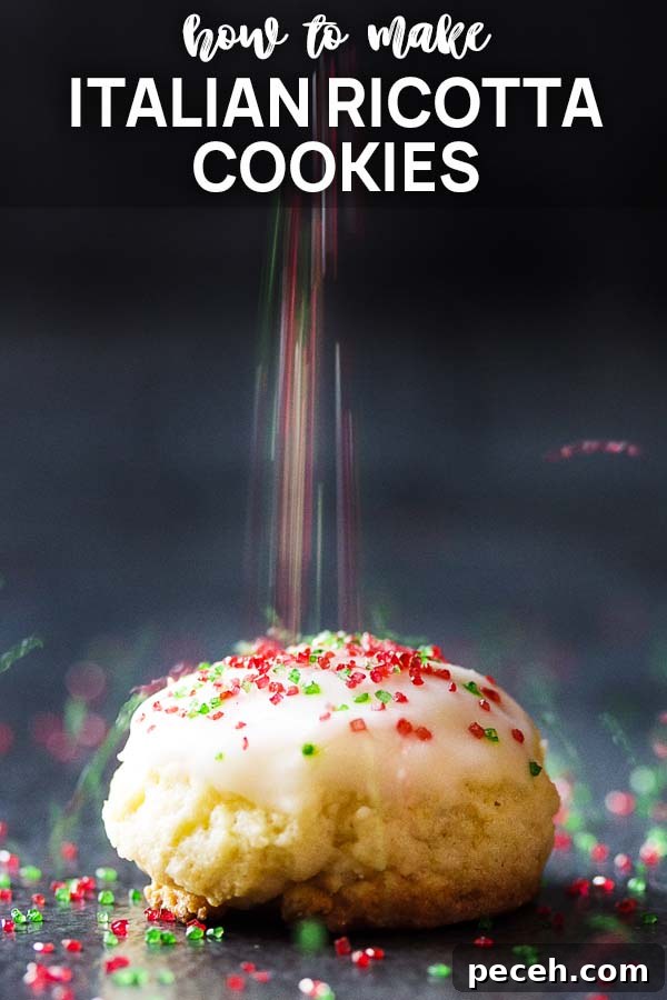 Sprinkles falling on a cookie with text overlay - Italian Ricotta Cookies.