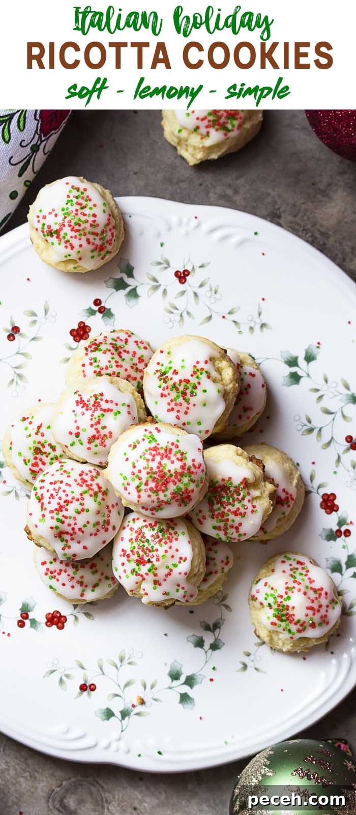 Holiday plate of colorful cookies with text overlay - Ricotta Cookies.