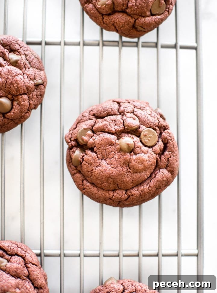 Red Velvet Cake Mix Cookies Recipe — Soft, Chewy Treats 6 a red velvet cake cookie on a wire cooling rack
