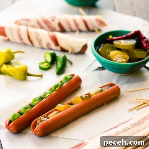 Bacon Wrapped Hot Dogs Stuffed with Peppers & Pickles
