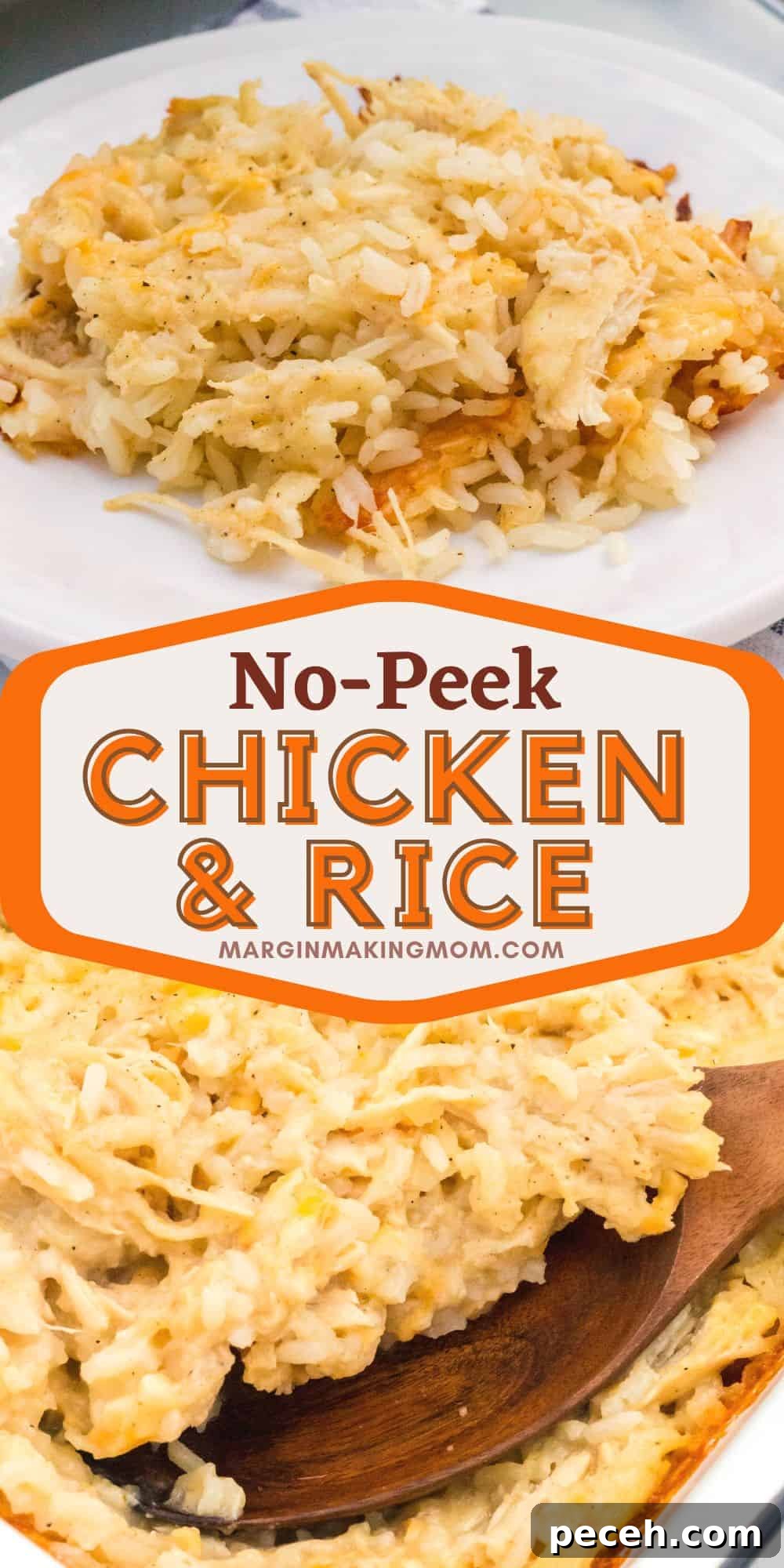 No-Peek Chicken and Rice Casserole: Tender, Foolproof Meal 13 two photos; one shows a pan of no-peek chicken and rice with a wooden spoon in it, the other shows a helping served on a white plate.