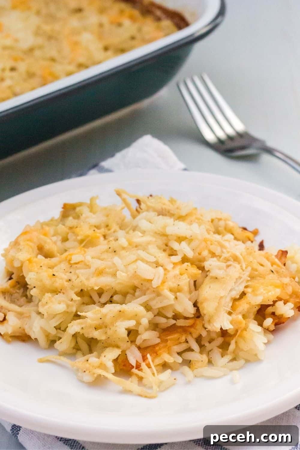 No-Peek Chicken and Rice Casserole: Tender, Foolproof Meal 4 close-up view of cheesy no-peek chicken and rice served on a plate, with the baking dish in the background.