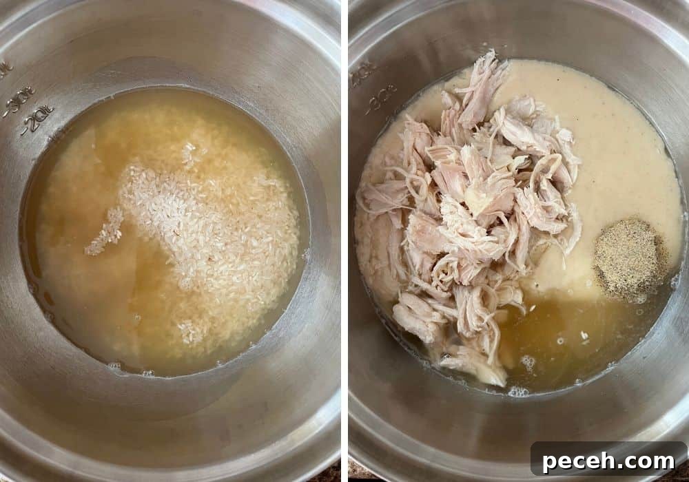 No-Peek Chicken and Rice Casserole: Tender, Foolproof Meal 6 two photos; one shows rice and broth in a mixing bowl, the other shows chopped chicken, cream of chicken soup, and seasonings added to the bowl.