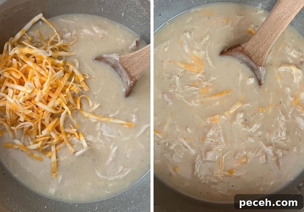 No-Peek Chicken and Rice Casserole: Tender, Foolproof Meal 7 two photos; one shows shredded cheese added to the mixture; the other shows the ingredients mixed together.