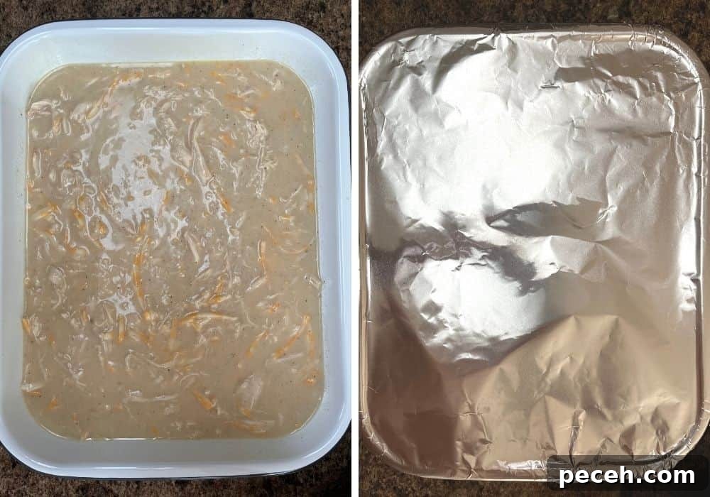No-Peek Chicken and Rice Casserole: Tender, Foolproof Meal 8 two photos; one shows chicken and rice mixture added to a baking pan; the other shows the pan tightly covered with aluminum foil.