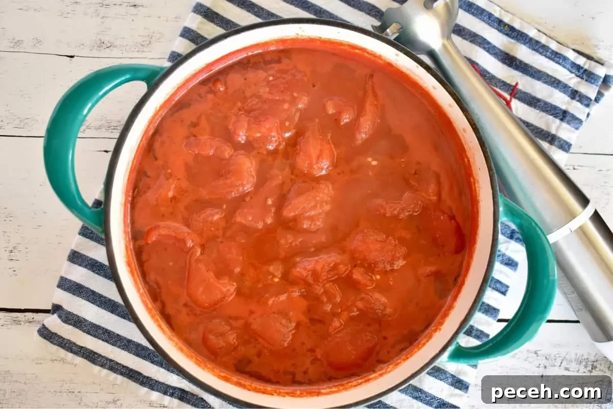 20-Minute Tomato Quinoa Soup Recipe for Weeknight Dinners 5 Ingredients for recipe in a dutch oven with an immersion blender next to it.