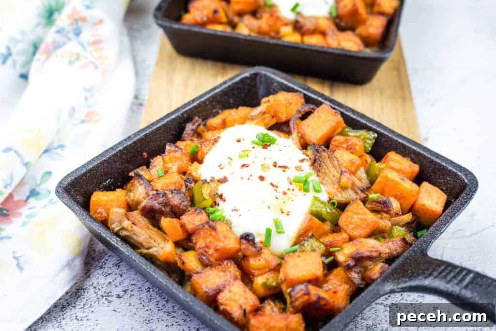 17 Mother’s Day Brunches You Can Enjoy Without Reservations or Parking Hassles 16 Cast iron skillet with sweet potato hash with pulled pork and garnished with chopped chives.