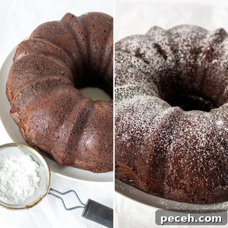 Two photo collage, dusting finished cake with powdered sugar.