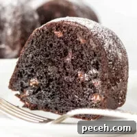 Piece of chocolate Bundt cake on white plate with fork.