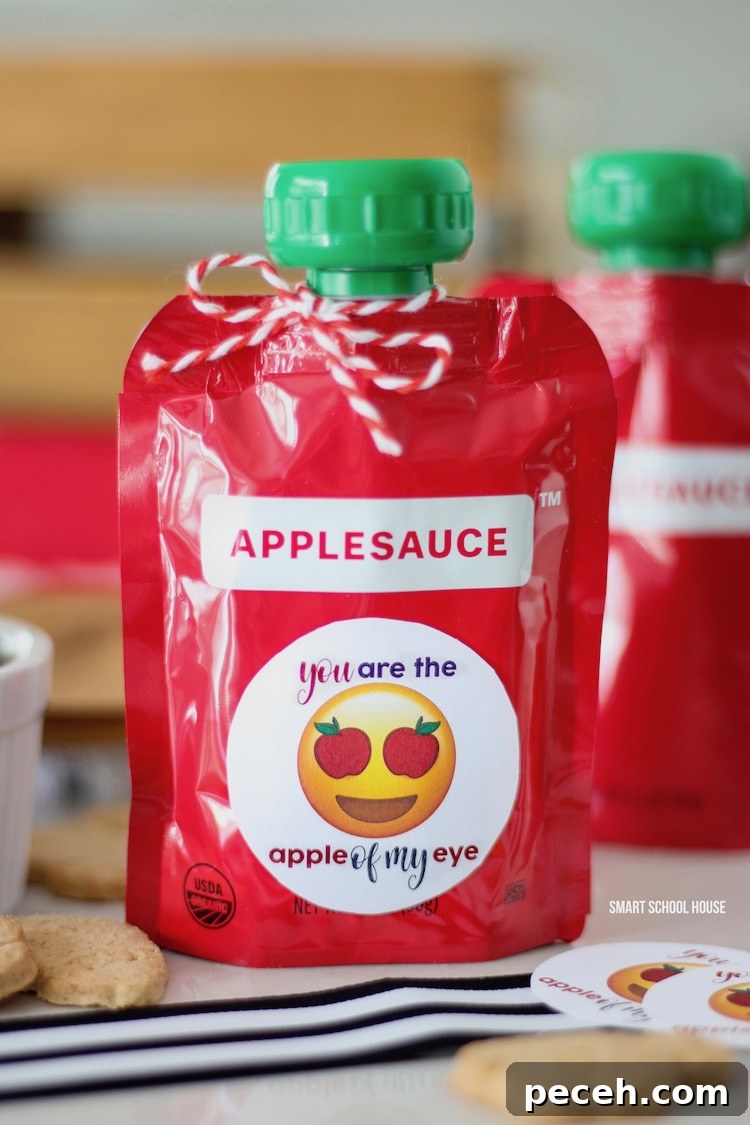 Apple of My Eye: Homemade Applesauce Valentine Recipe 2 How cute are these applesauce squeeze pouches?! You are the Apple of My Eye Applesauce Valentine. Gluten free, nut free, dairy free, and ORGANIC Valentine idea. Free printable. Emoji with apple eyes. #ValentinesDay #DIYValentine #glutenfree #nutfree #dairyfree #organic