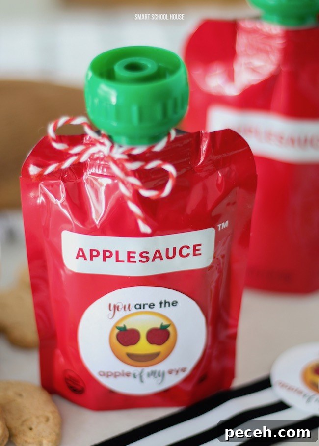 Apple of My Eye: Homemade Applesauce Valentine Recipe 7 How cute are these applesauce squeeze pouches?! You are the Apple of My Eye Applesauce Valentine. Gluten free, nut free, dairy free, and ORGANIC Valentine idea. Free printable. Emoji with apple eyes. #ValentinesDay #DIYValentine #glutenfree #nutfree #dairyfree #organic